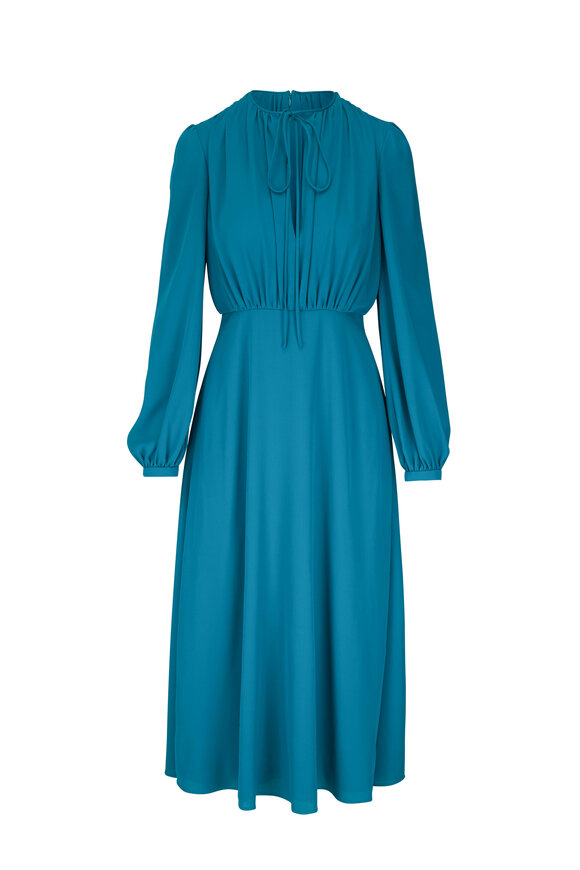 Valentino - Teal Silk Fitted Waist Midi Dress