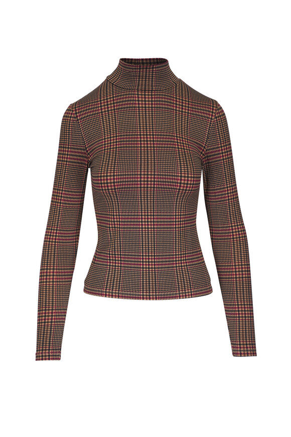 Veronica Beard Nate Camel & Black Houndstooth Mockneck Top