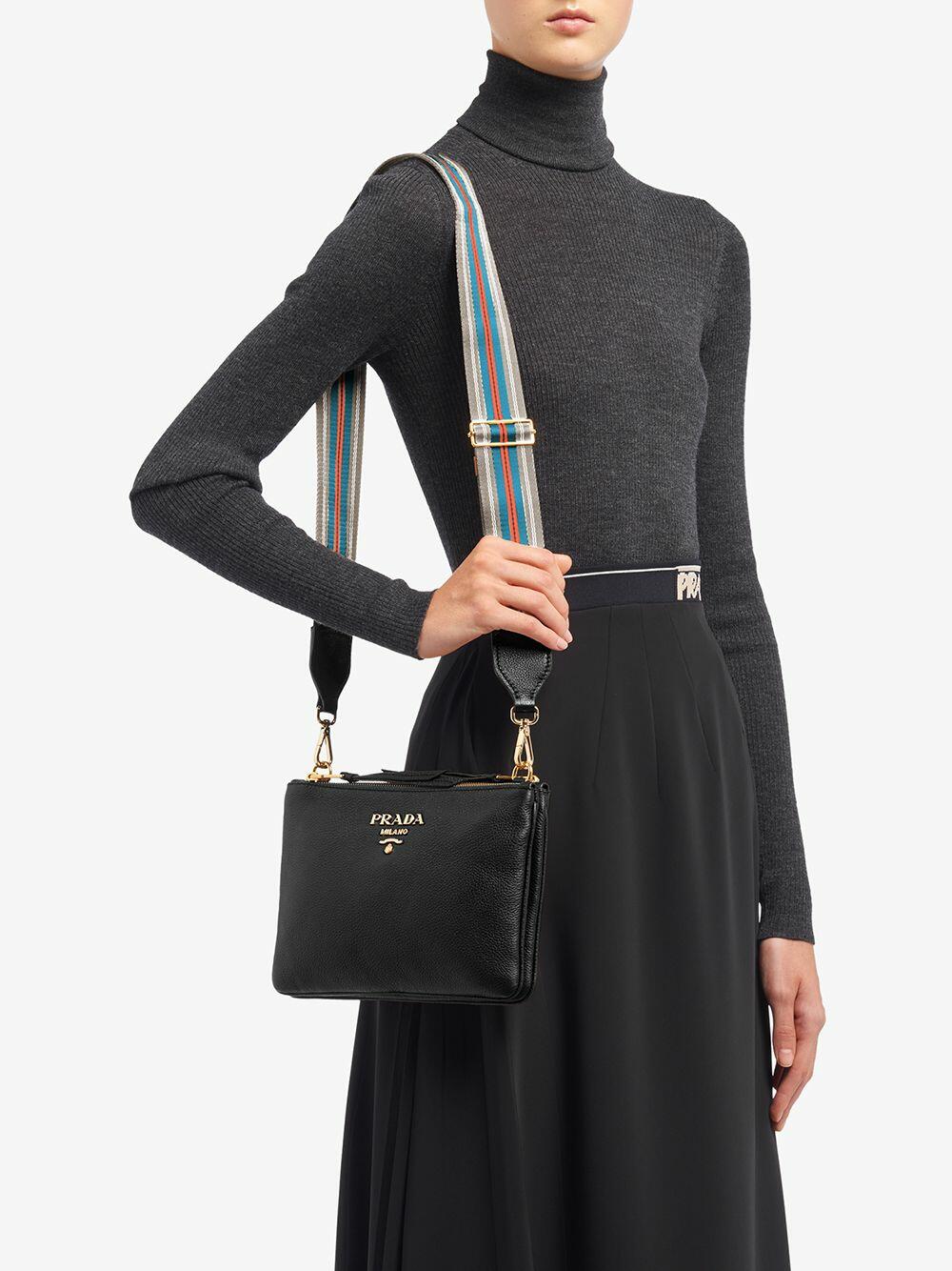 Prada - Black Leather Double Zip Gusset Crossbody Bag