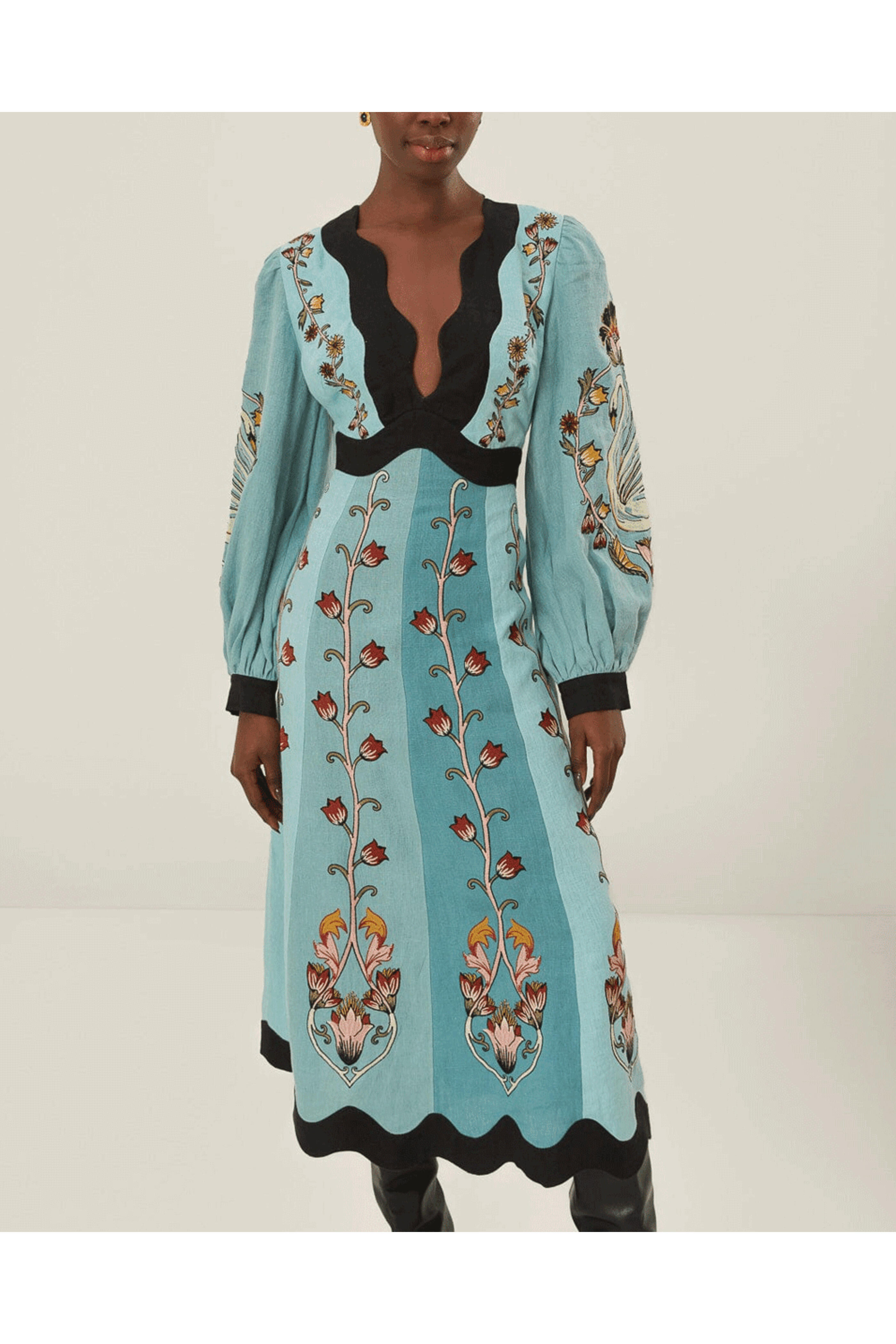 Farm Rio - Flowing Beauty Blue Long Sleeve Midi Dress