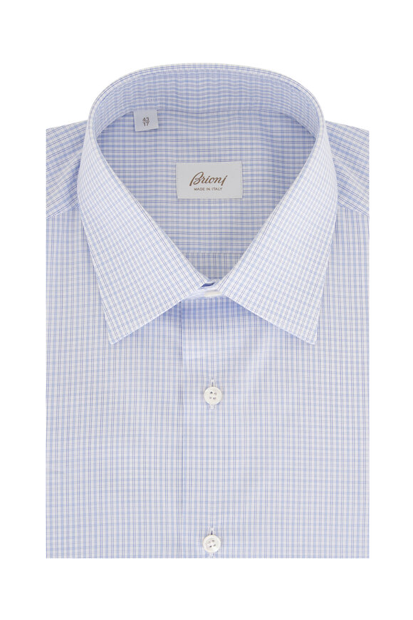 Brioni Blue Check Cotton Dress Shirt