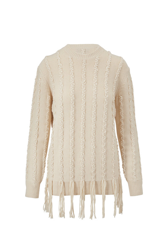 Michael Kors Collection - Ecru Embroidered Fringe Hem Sweater