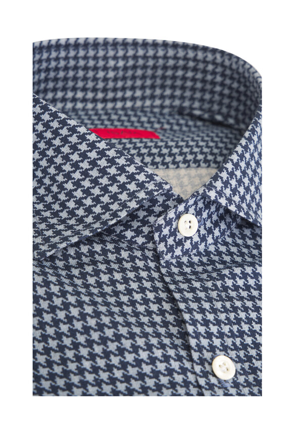 Isaia Blue Cotton Houndstooth Sport Shirt - view 3