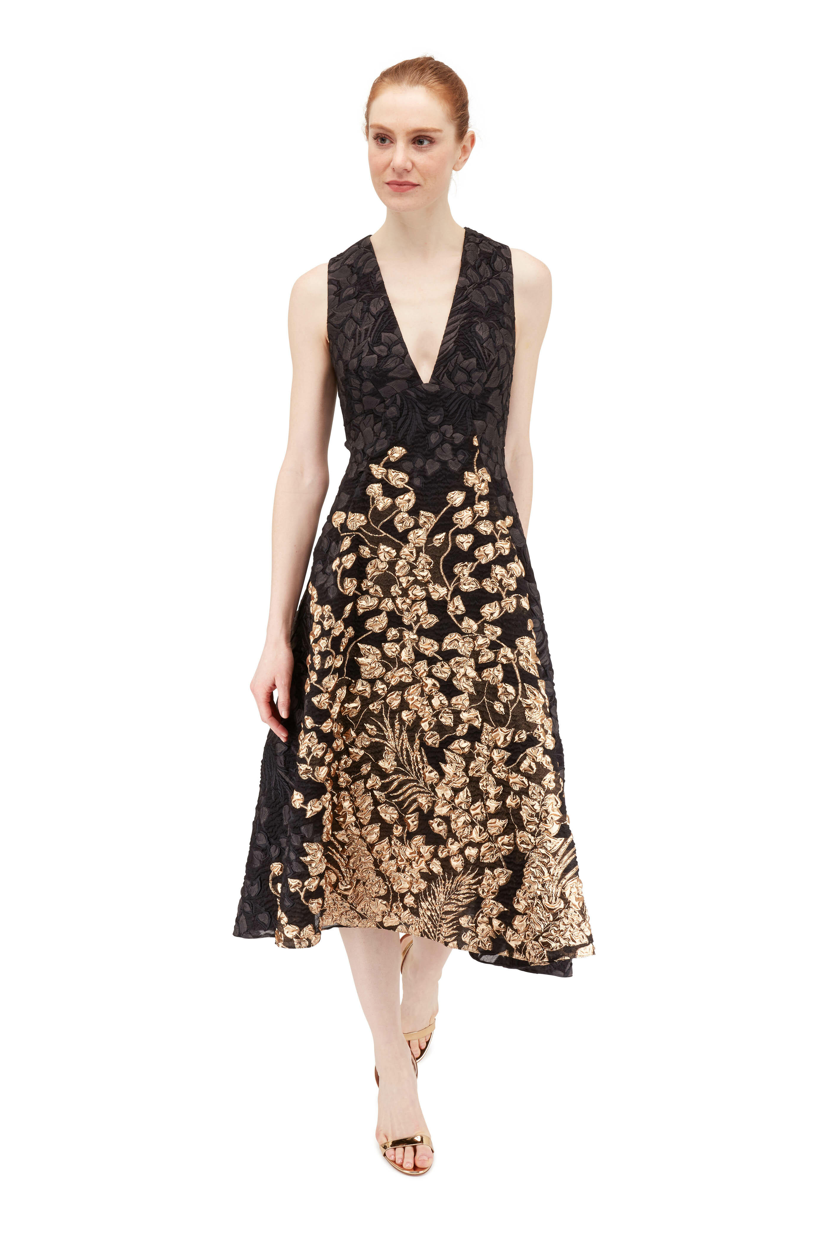 Lela Rose - Black & Gold Metallic Deep-V Sleeveless Dress