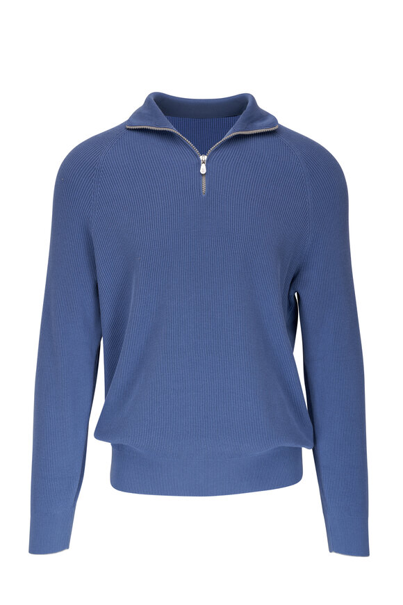Brunello Cucinelli Blue Ribbed Cotton Quarter Zip Sweater 