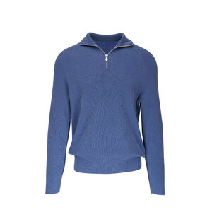 Brunello Cucinelli - Blue Ribbed Cotton Quarter Zip Sweater