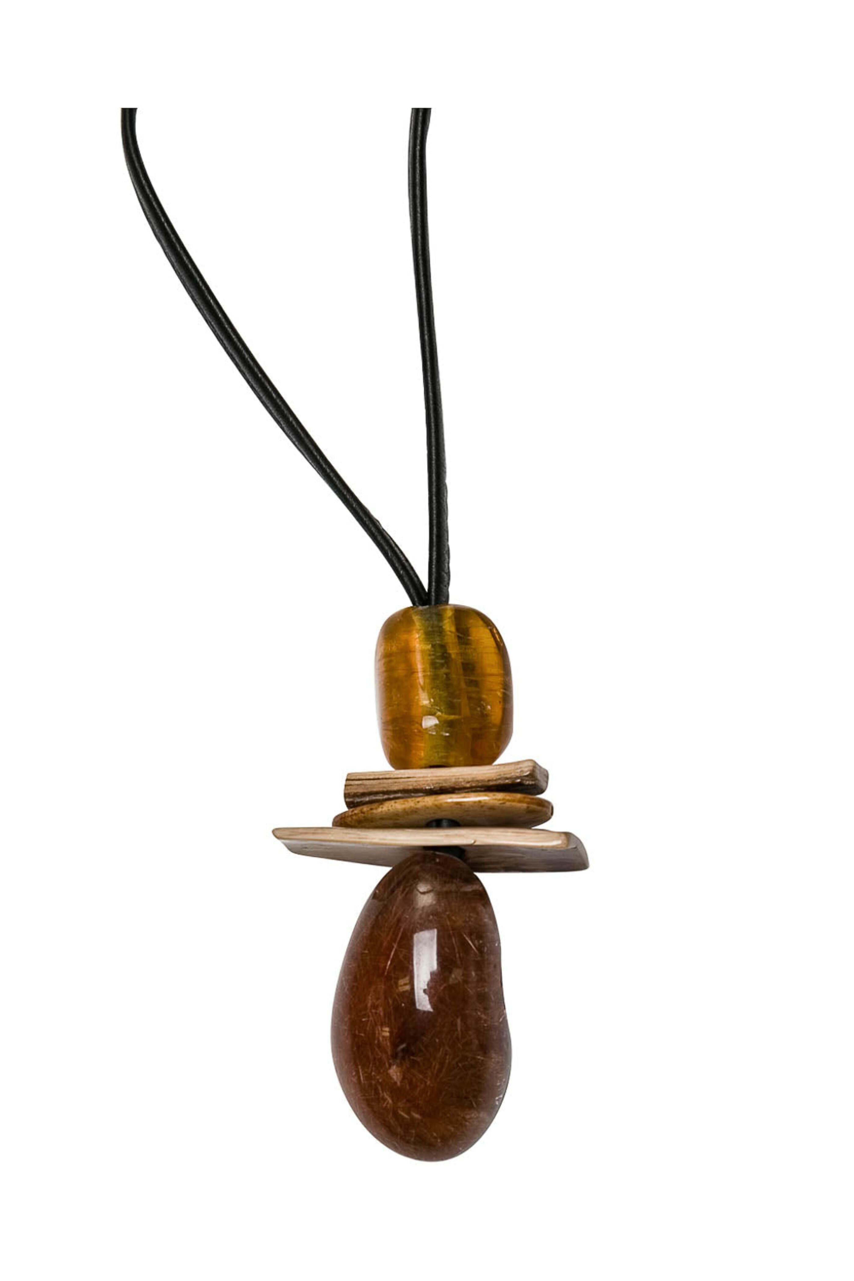 Monies - Leather and Honey Quartz Long Pendant Necklace