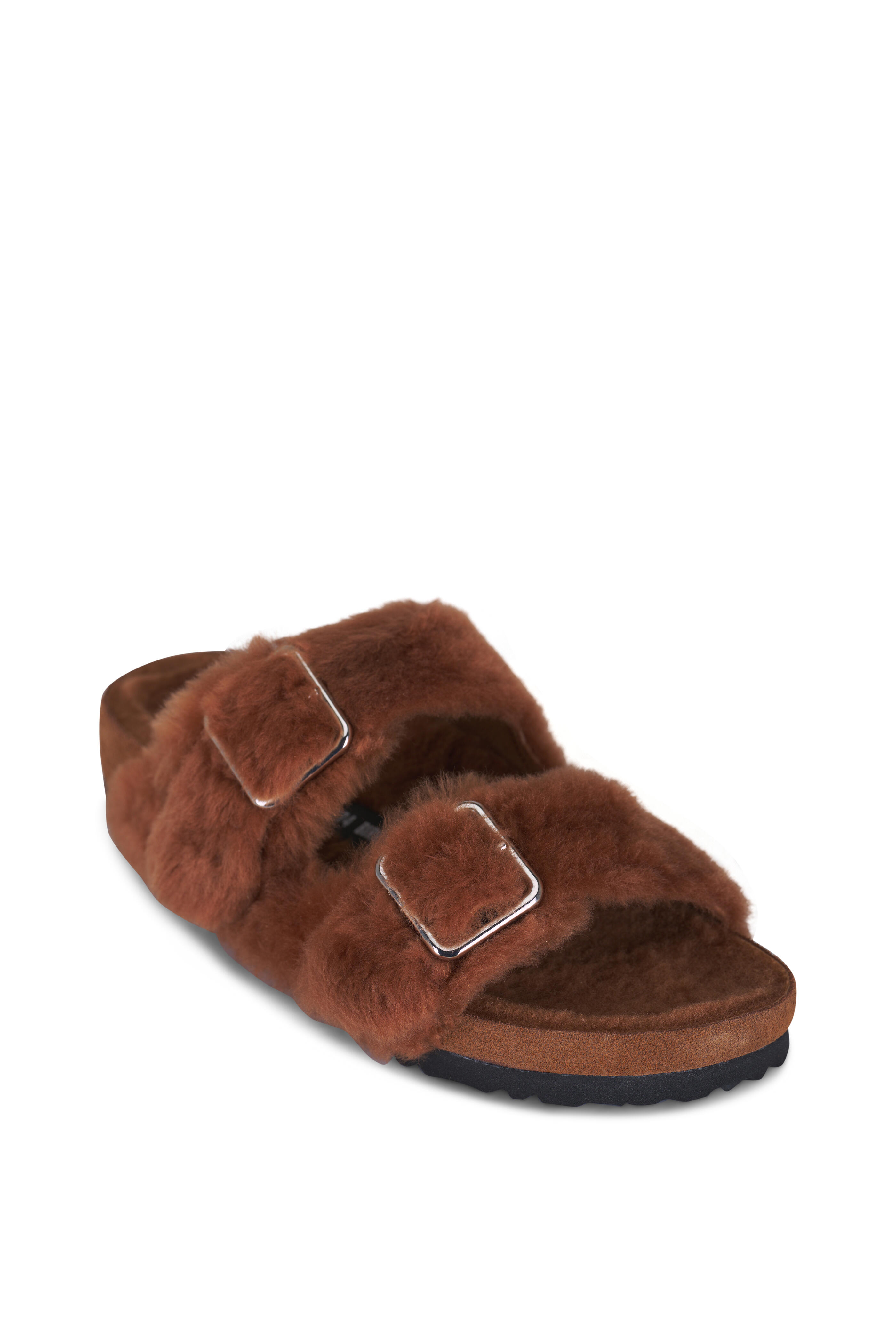 1774 Birkenstock - Arizona Caramel Shearling Dual Buckle Slide Sandal