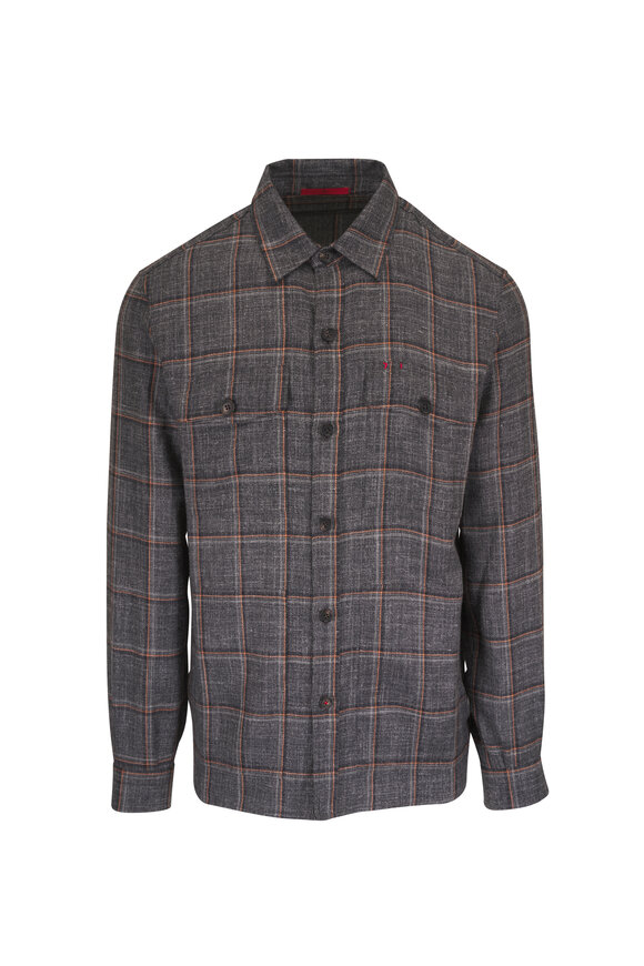 Isaia Gray & Orange Windowpane Plaid Overshirt - view 1