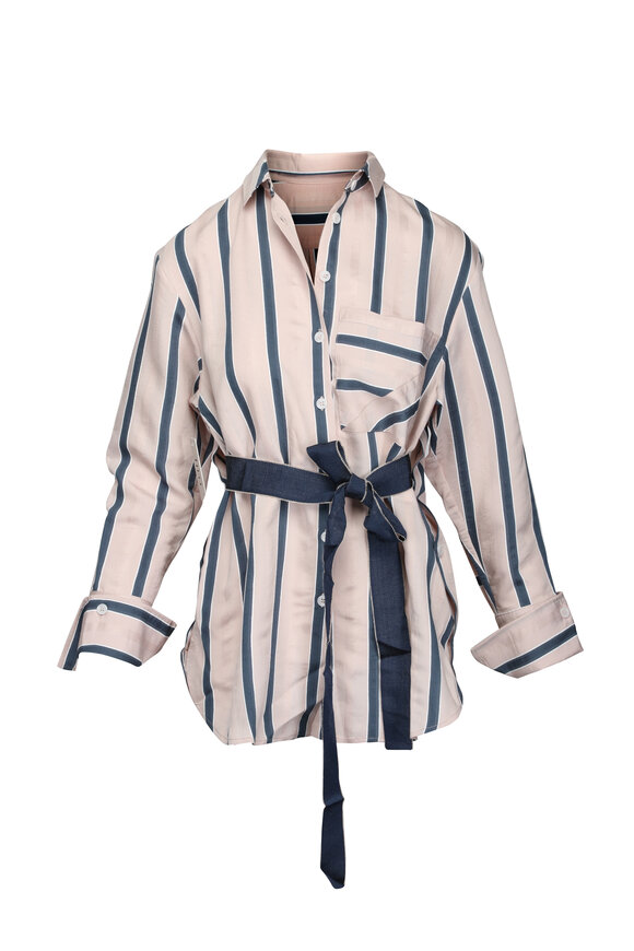 Theo The Label Ismene Eclipse Beige Stripe Boyfriend Tie Blouse - view 1