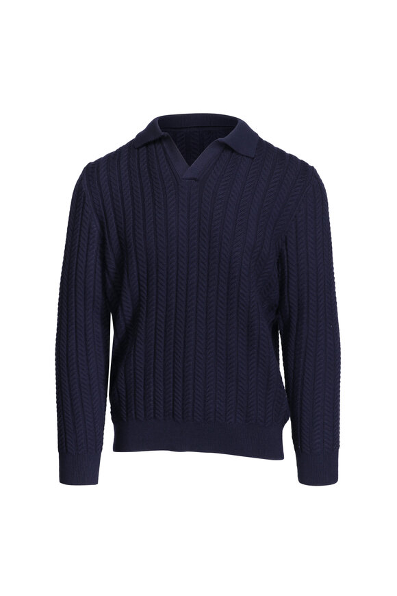 Isaia Navy Blue Cable Knit Sweater - view 1
