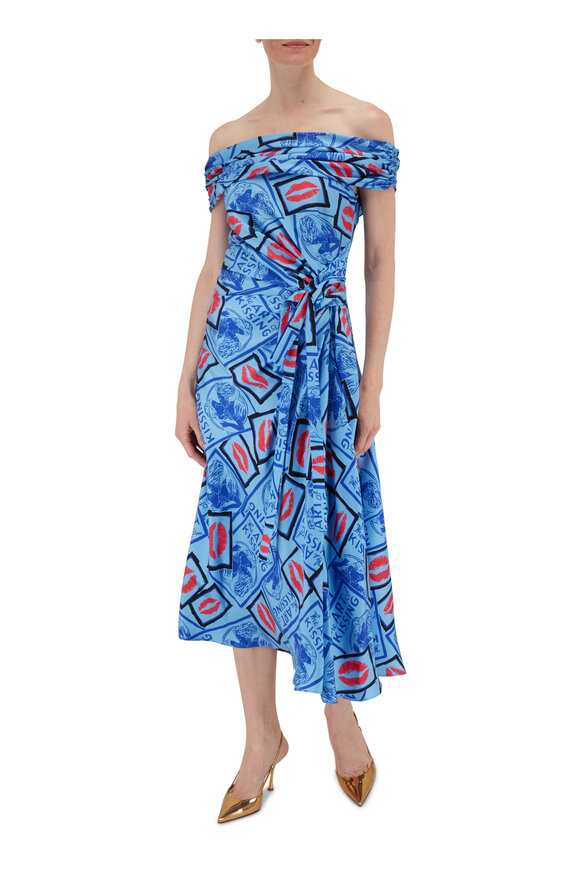 Carolina Herrera - Blue Art of Kissing Silk Midi Dress 