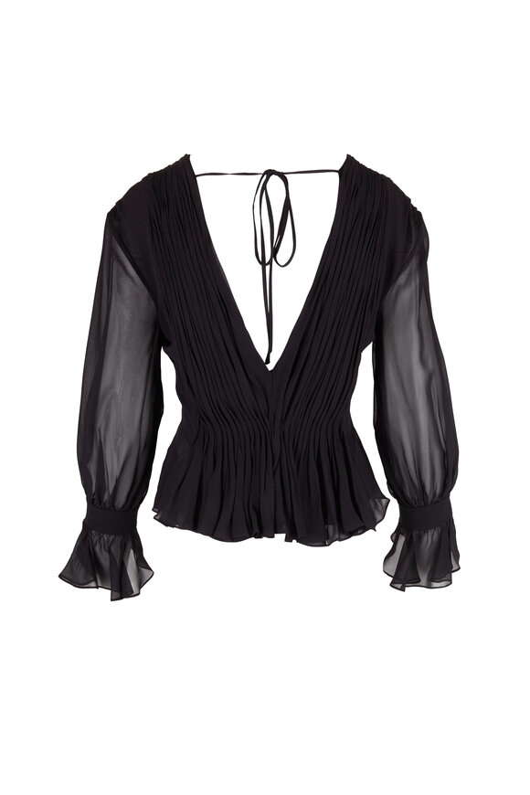 Khaite - Carlin Black Silk Chiffon Pleated Peplum Top