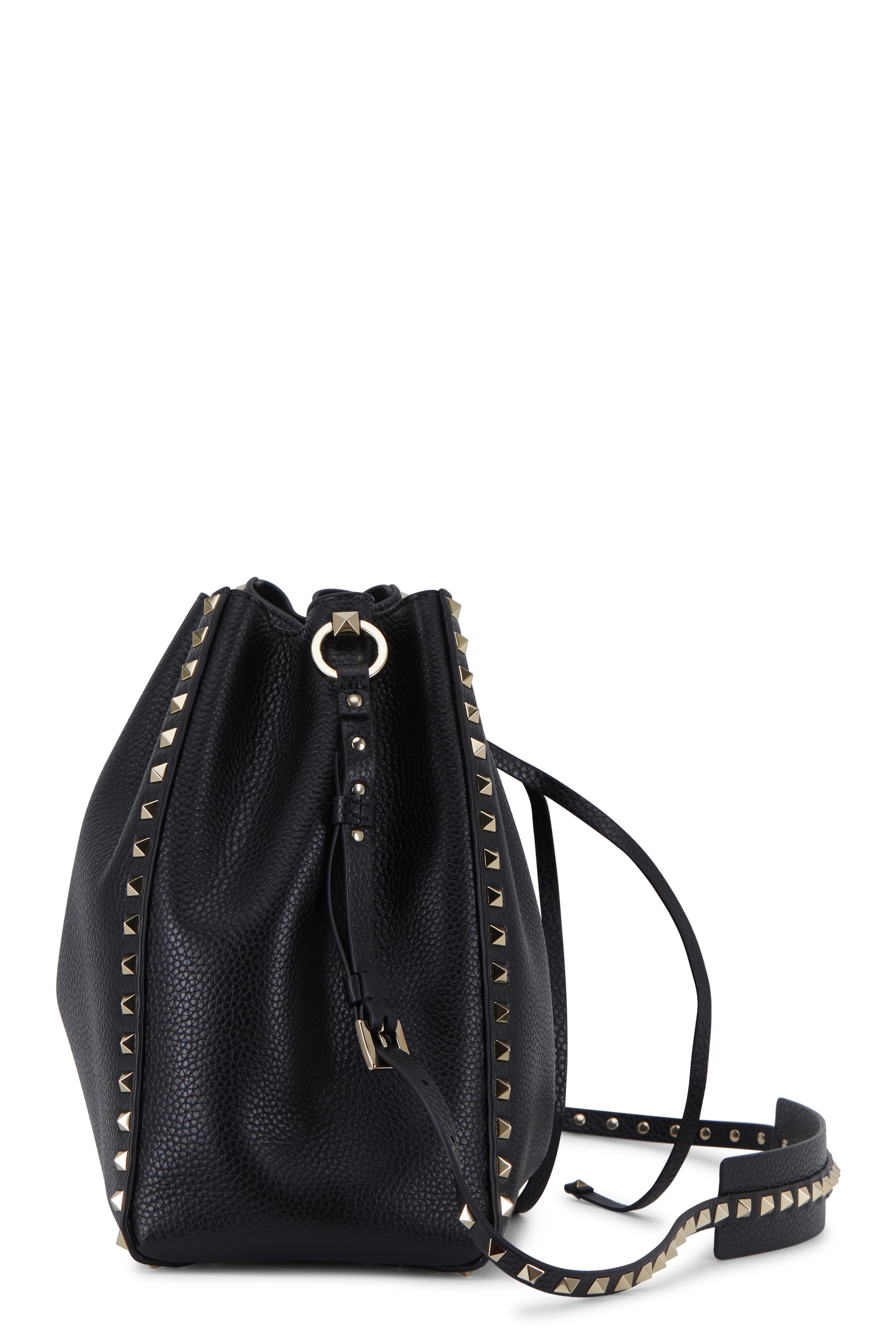 Valentino Rockstud Black Pebbled Leather Large Bucket Bag