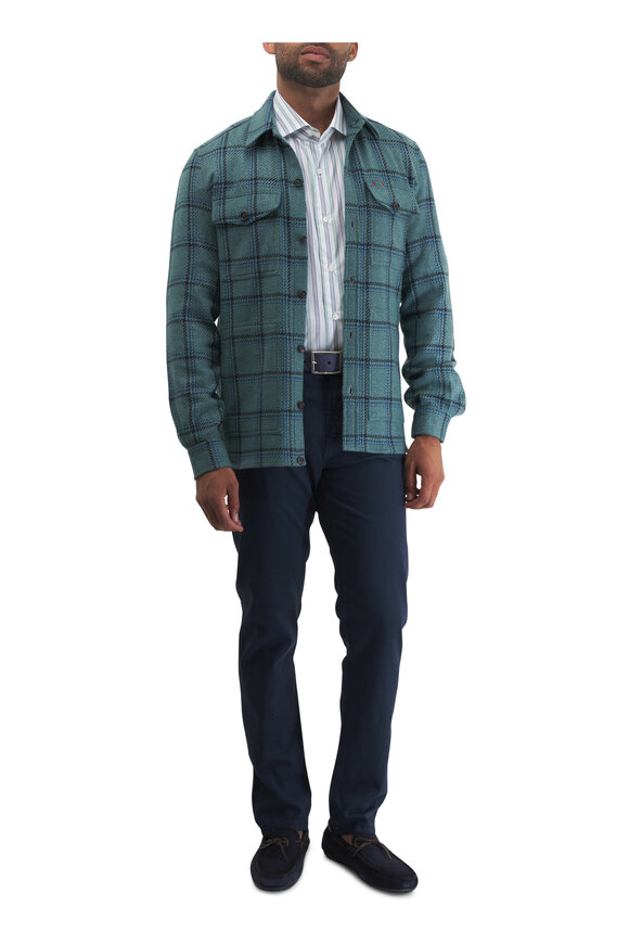 Isaia - White & Green Cotton Stripe Dress Shirt 