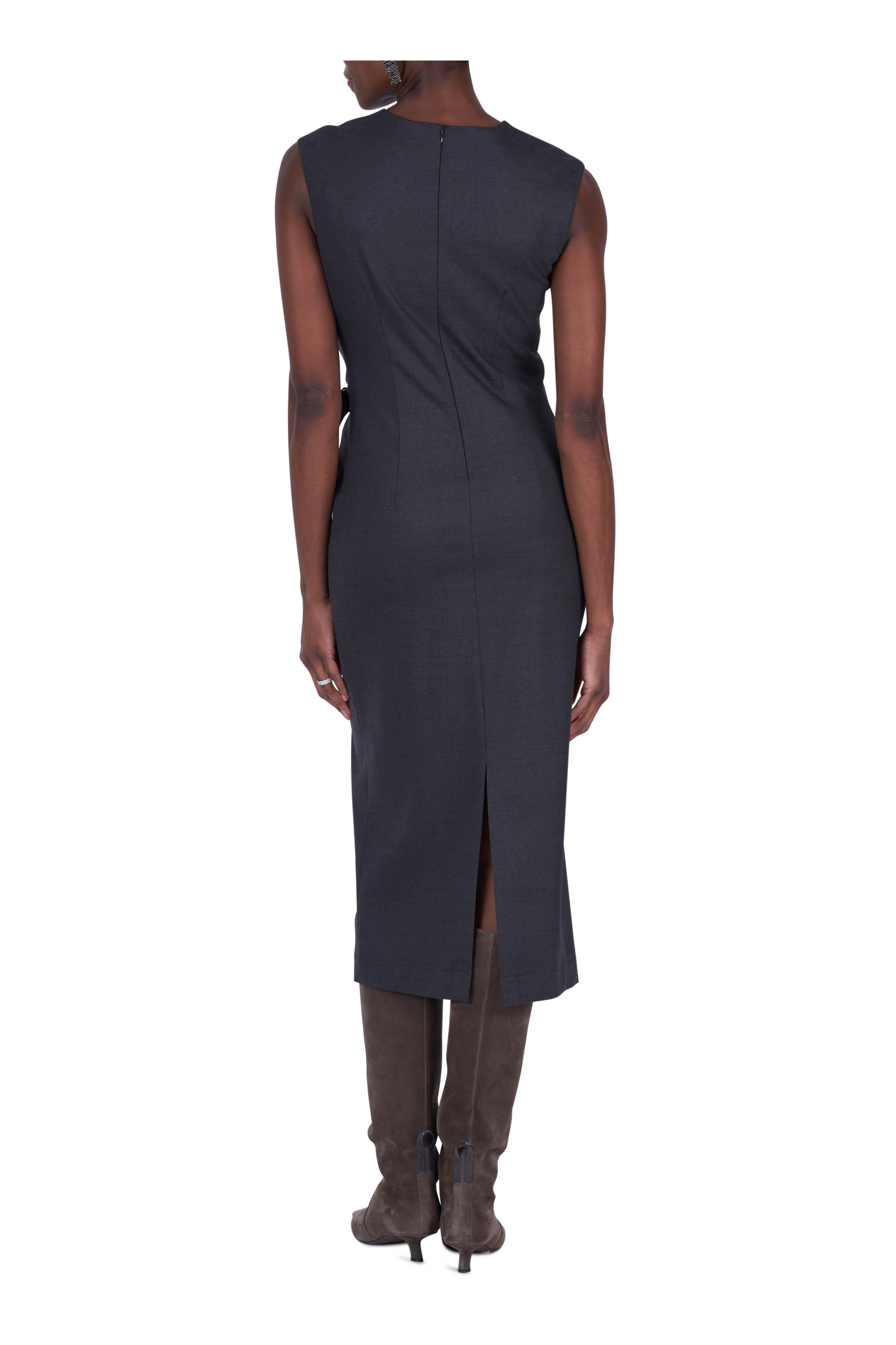 Brunello Cucinelli - Dark Gray Stretch Wool Wrap Midi Dress