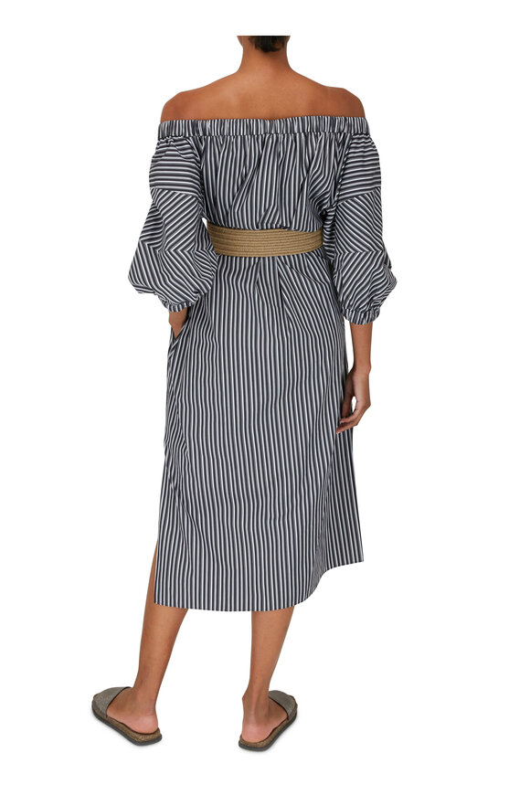 Brunello Cucinelli - White & Blue Stripe Off-The-Shoulder Belted Dress