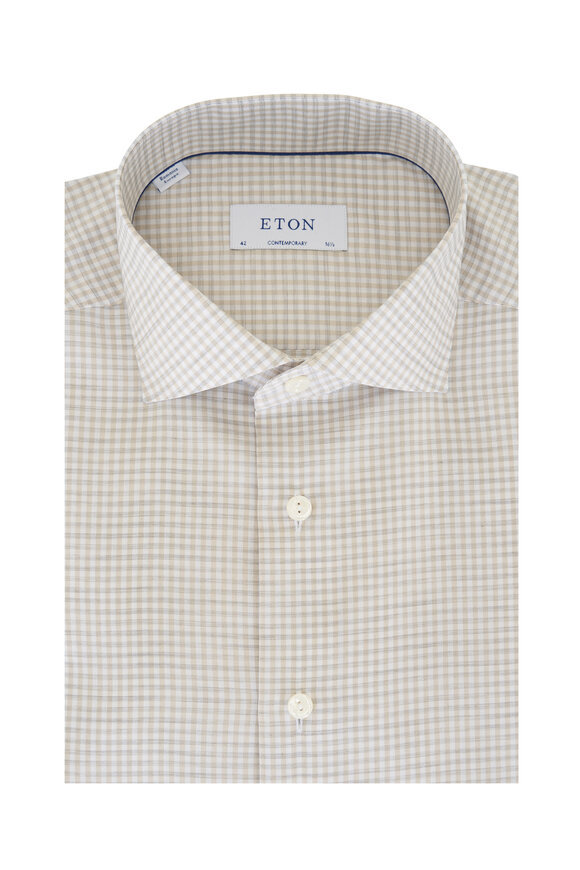 Eton White & Tan Mini Check Cotton Dress Shirt