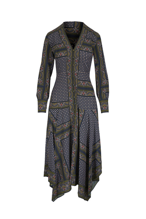 Veronica Beard Skye Heritage Navy Multi Scarf Print Midi Dress - view 1