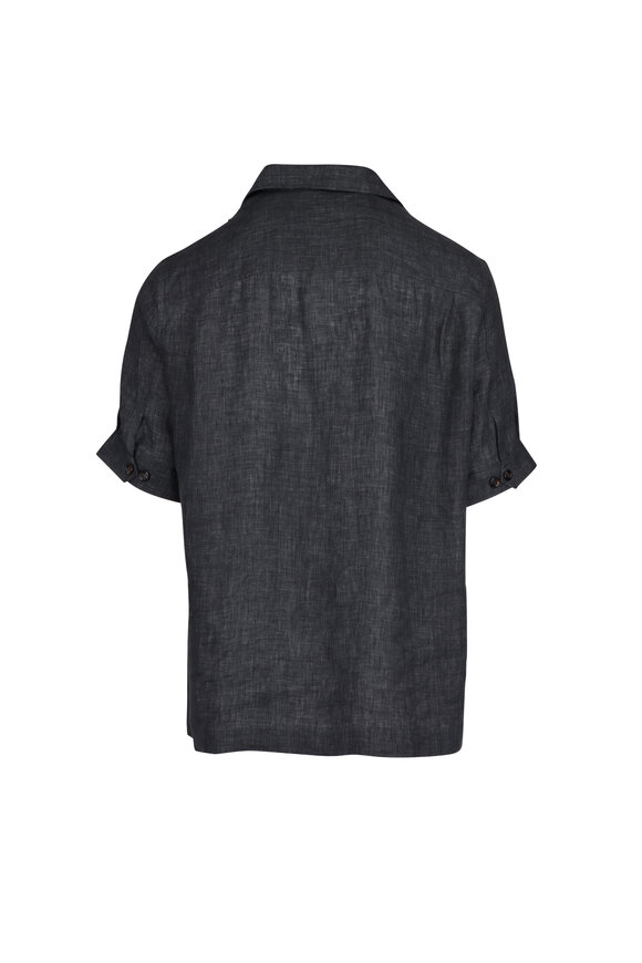 Brunello Cucinelli Anthracite Linen Short Sleeve Button Down - view 3