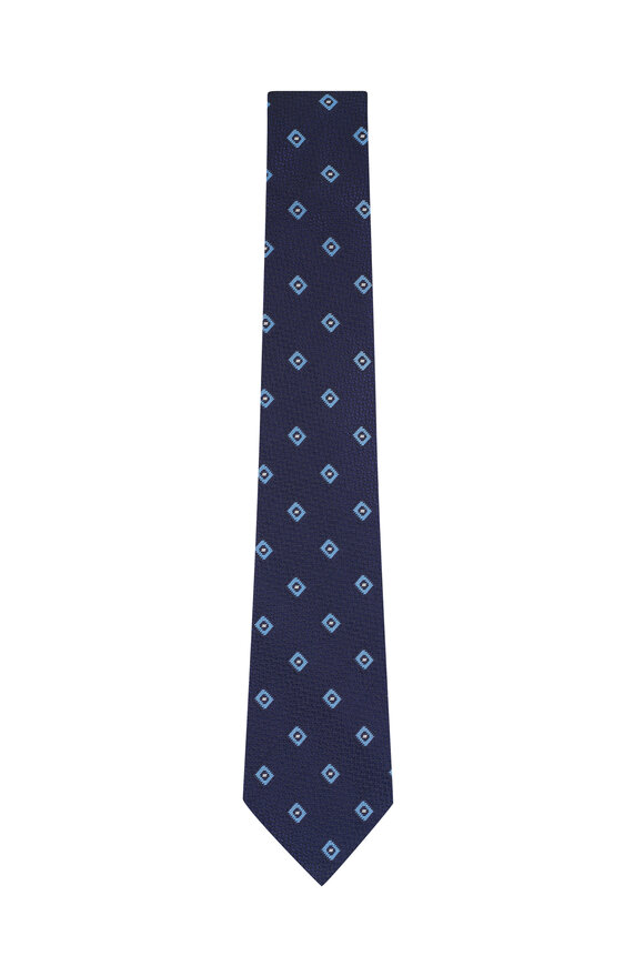 Zegna Navy Geometric Print Silk Necktie - view 1
