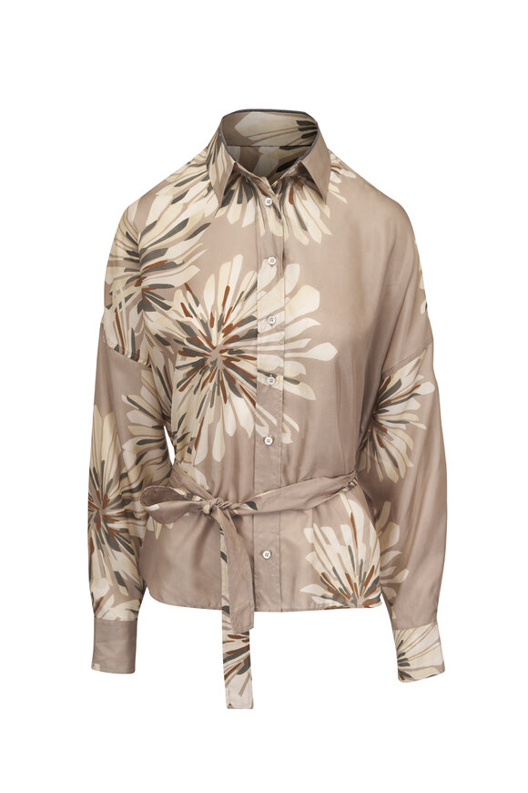 Brunello Cucinelli Khaki Dahlia Print Silk Blouse