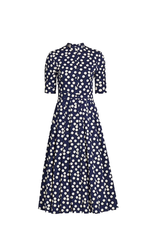 Carolina Herrera - Navy & White Polka Dot Elbow Sleeve Shirt Dress