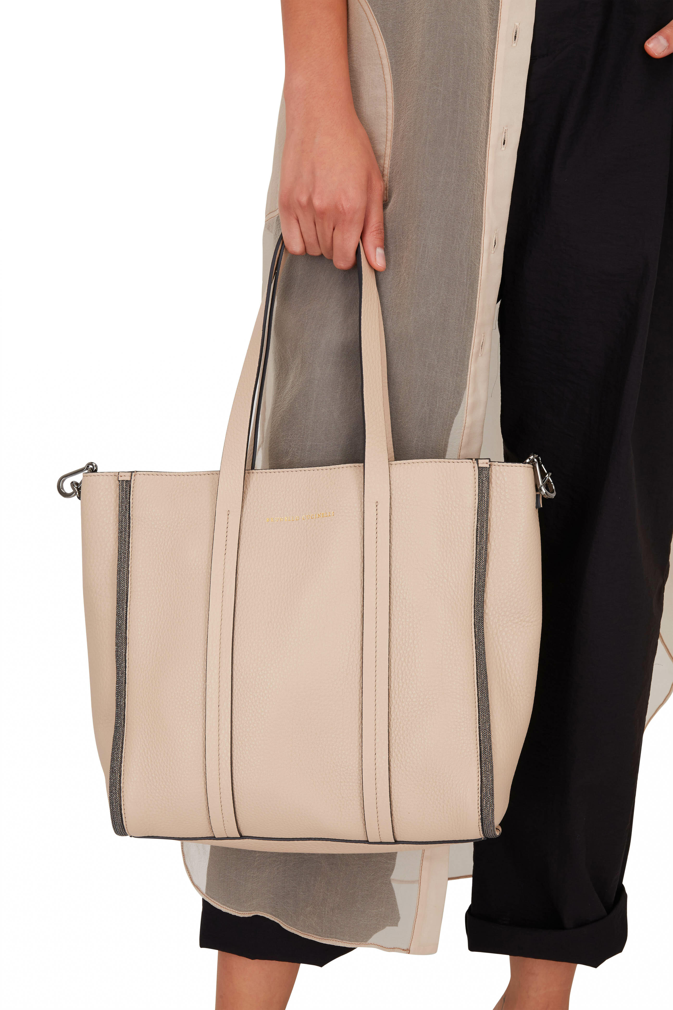 Leather Trimmed Tote Bag in Beige - Brunello Cucinelli