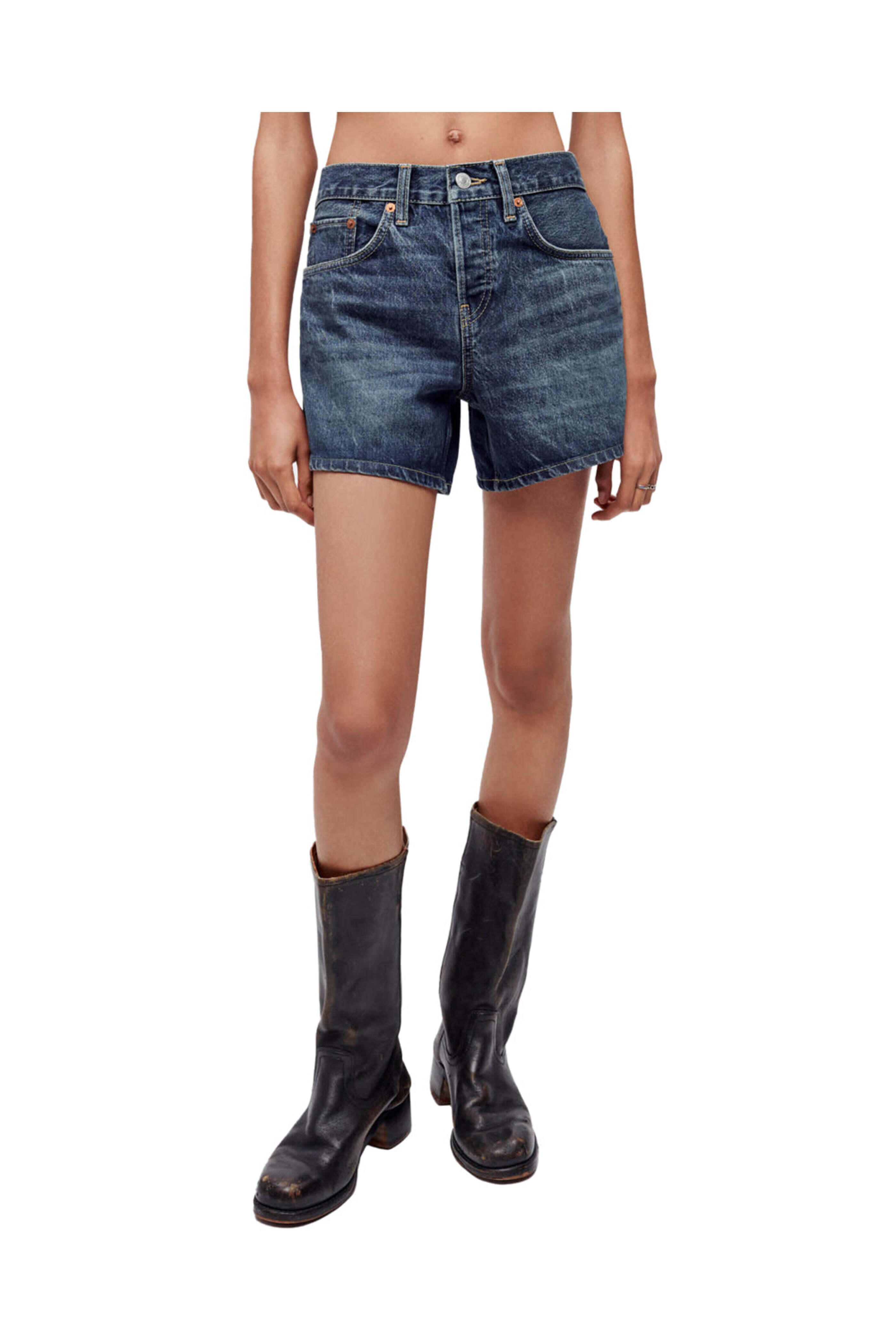 Re/Done - Mid Rise Denim Boy Short in Brown Indigo