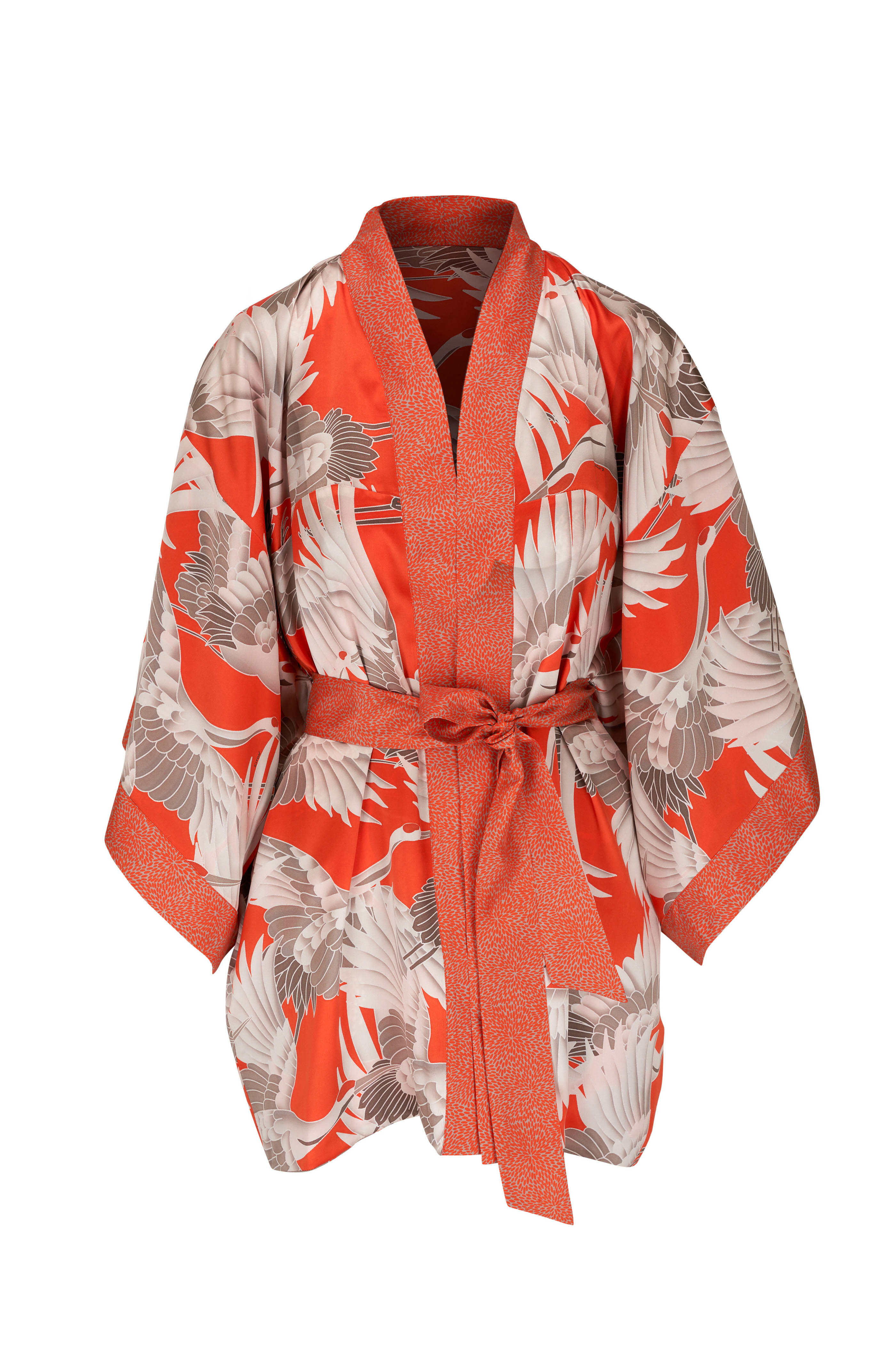 Kiton - Orange Floral & Bird Silk Reversible Robe