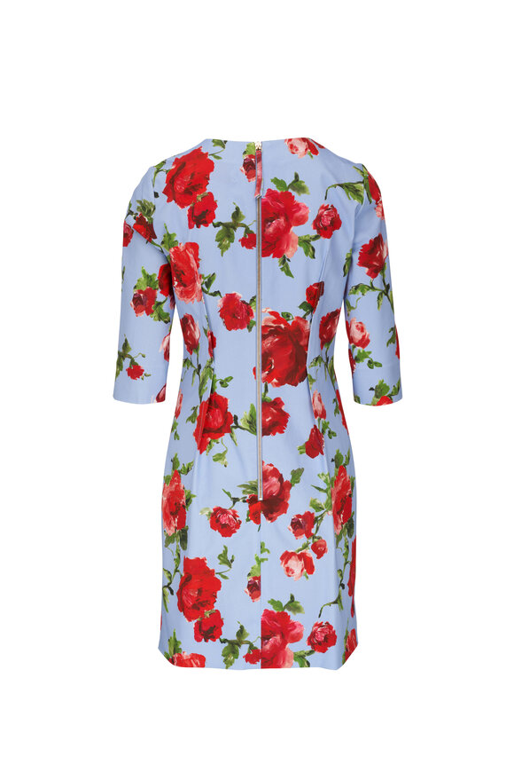 Carolina Herrera - Floral Sky Blue Three-Quarter Sleeve Mini Dress