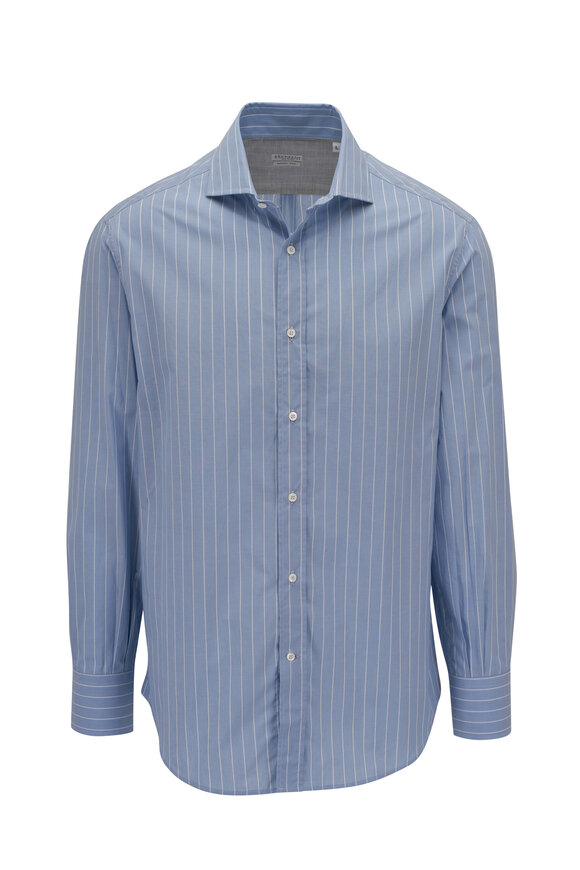 Brunello Cucinelli - Light Blue Pinstriped Cotton Sport Shirt