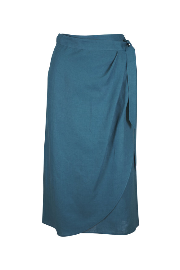 Loro Piana Shelby Turquoise Linen Wrap Midi Skirt - view 1