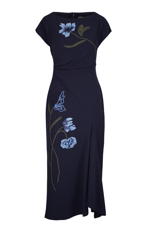 Lela Rose Navy Floral Cord Embroidered Fluid Crepe Dress
