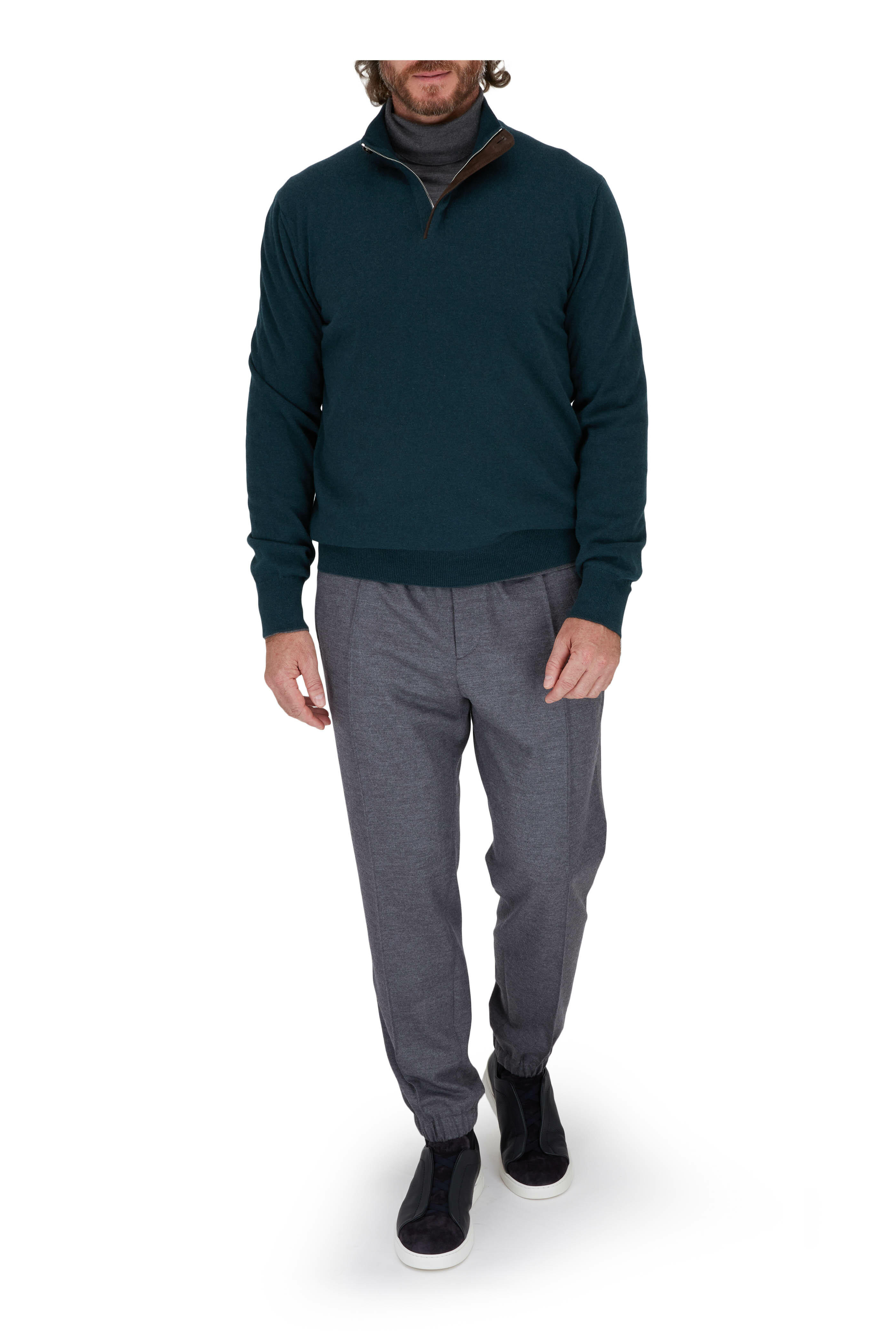 Zegna - Teal Cashmere Quarter Zip Pullover | Mitchell Stores