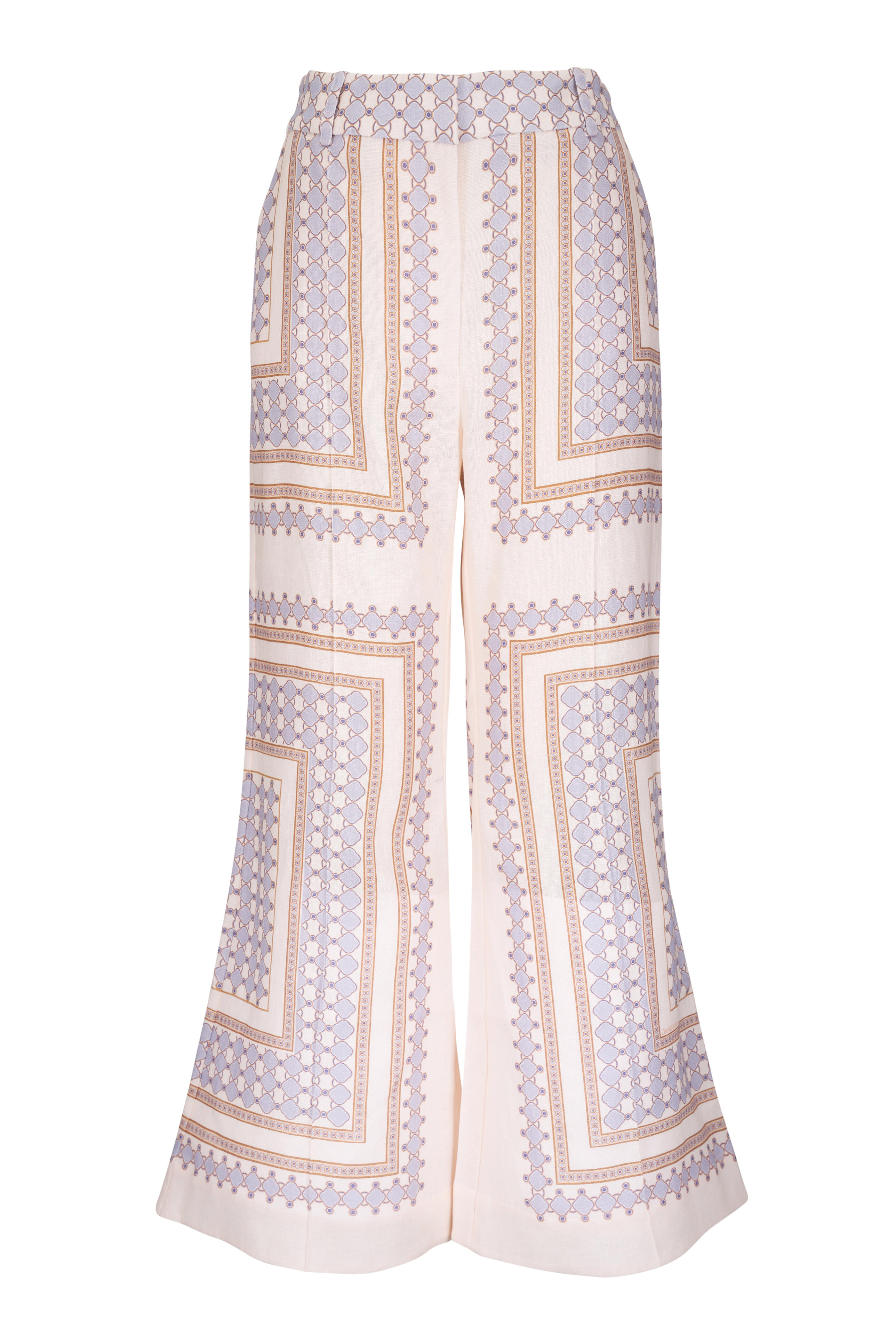 Zimmermann - Cream Navy Geo Cropped Flare Linen Pant