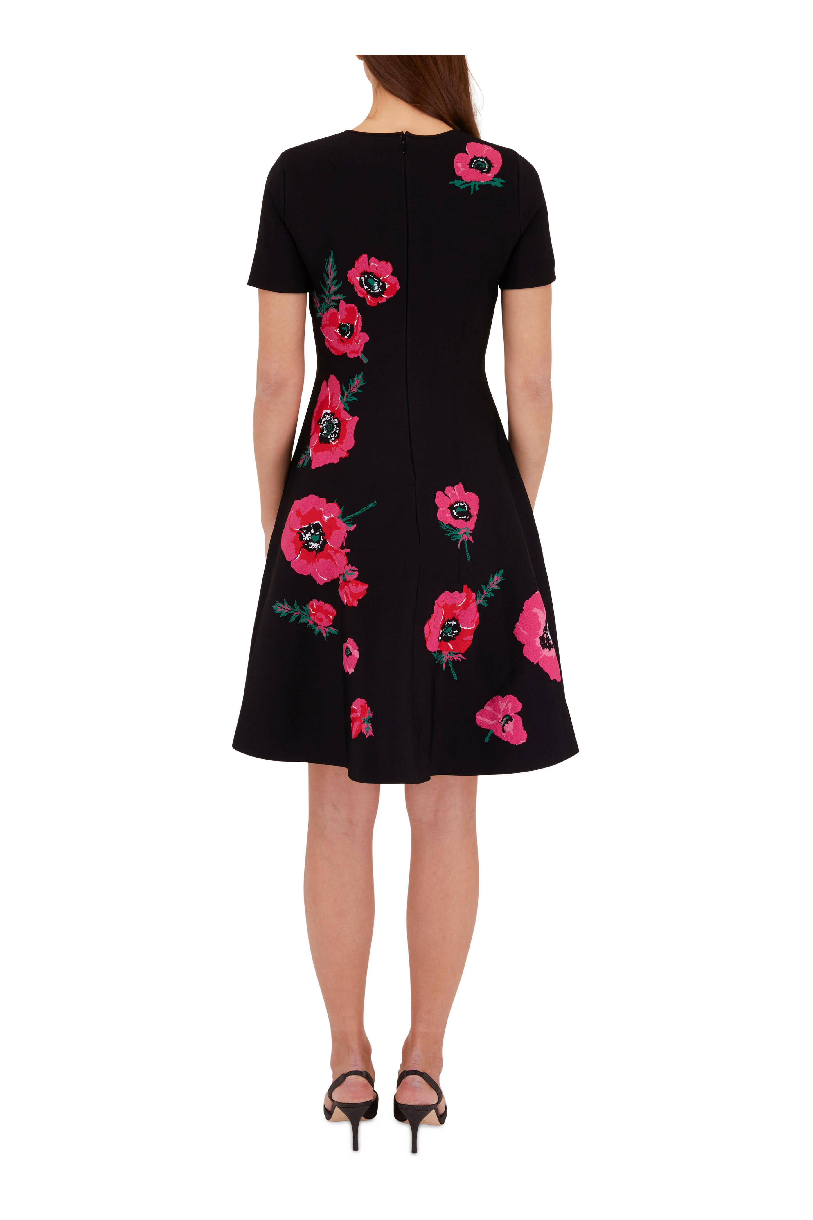 Carolina Herrera - Black Poppy Print Fit & Flare Short Sleeve Dress