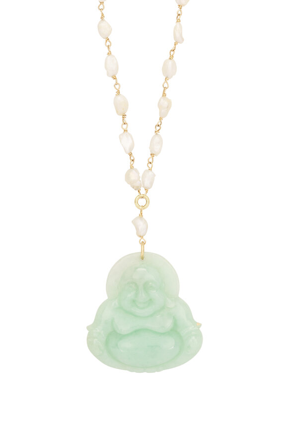 Renee Lewis 18k Yellow Gold Antique Pearl Jade Buddha Necklace - view 2