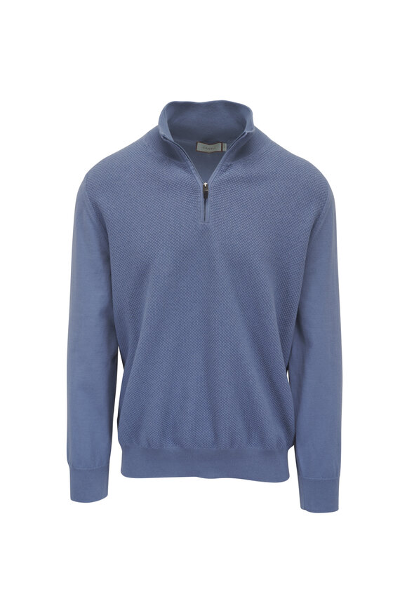 Canali Light Blue Textured Quarter Zip Pullover