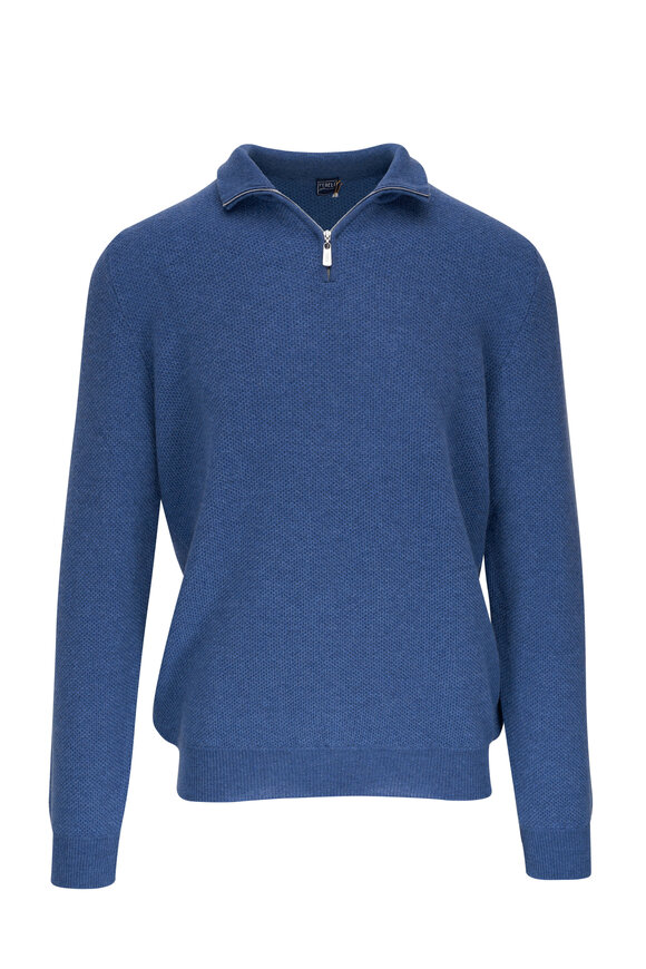 Fedeli - Denim Piqué Cashmere Quarter Zip Pullover