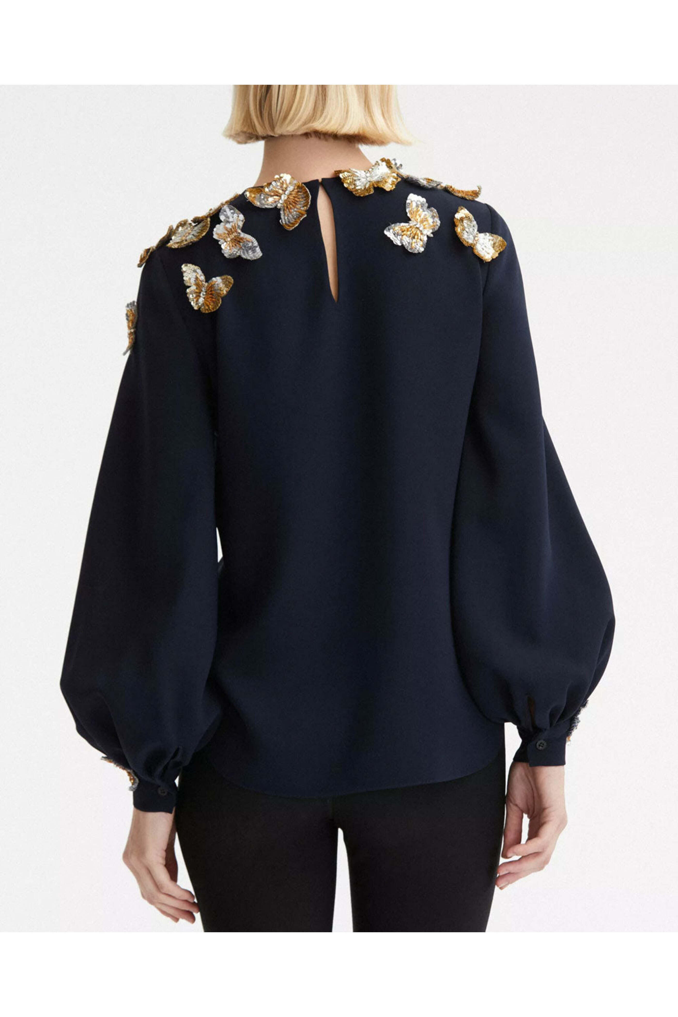 Oscar de la Renta - Navy and Gold Butterfly Sequin Embroidered Blouse