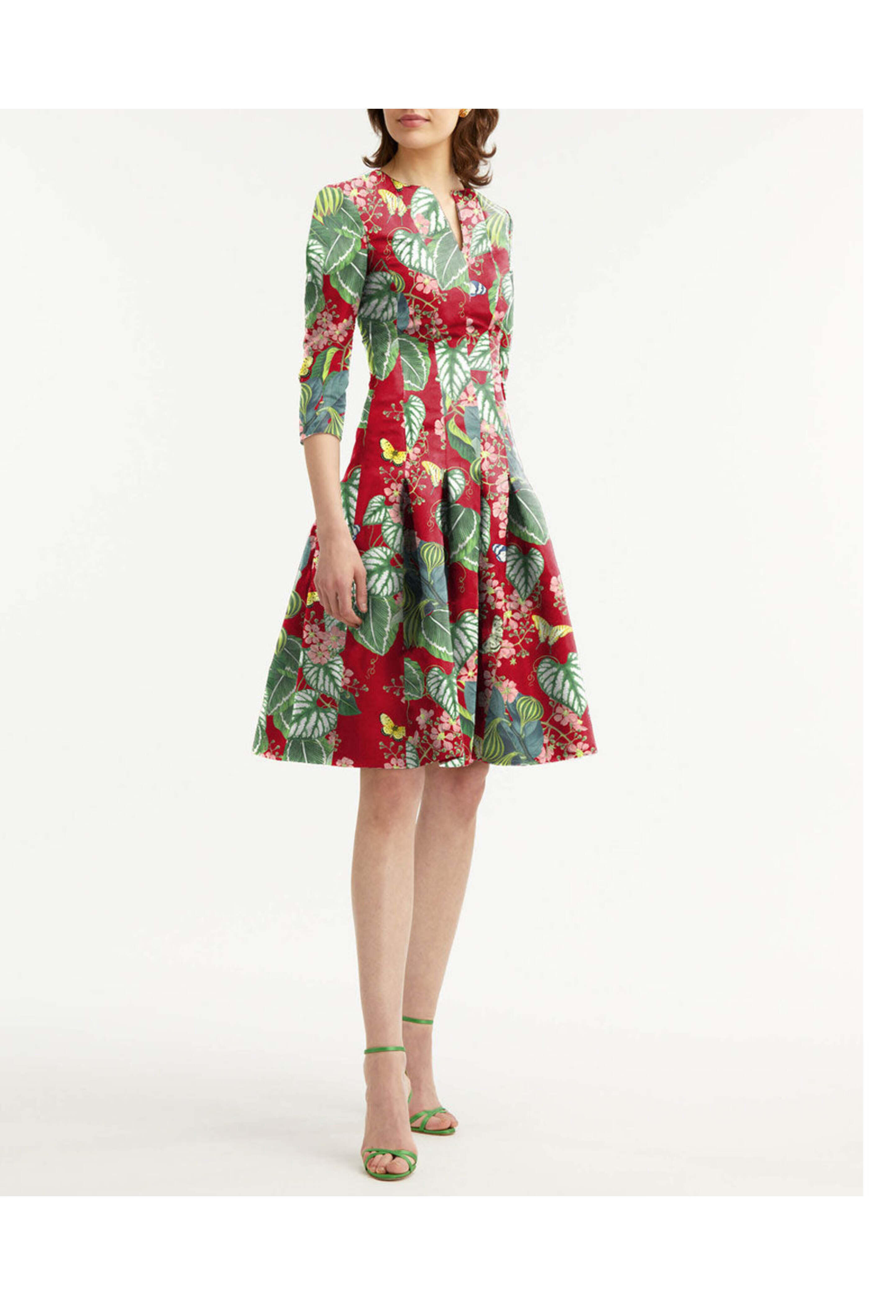 Oscar de la Renta - Ruby Mixed Botanical Split Neck Flare Dress