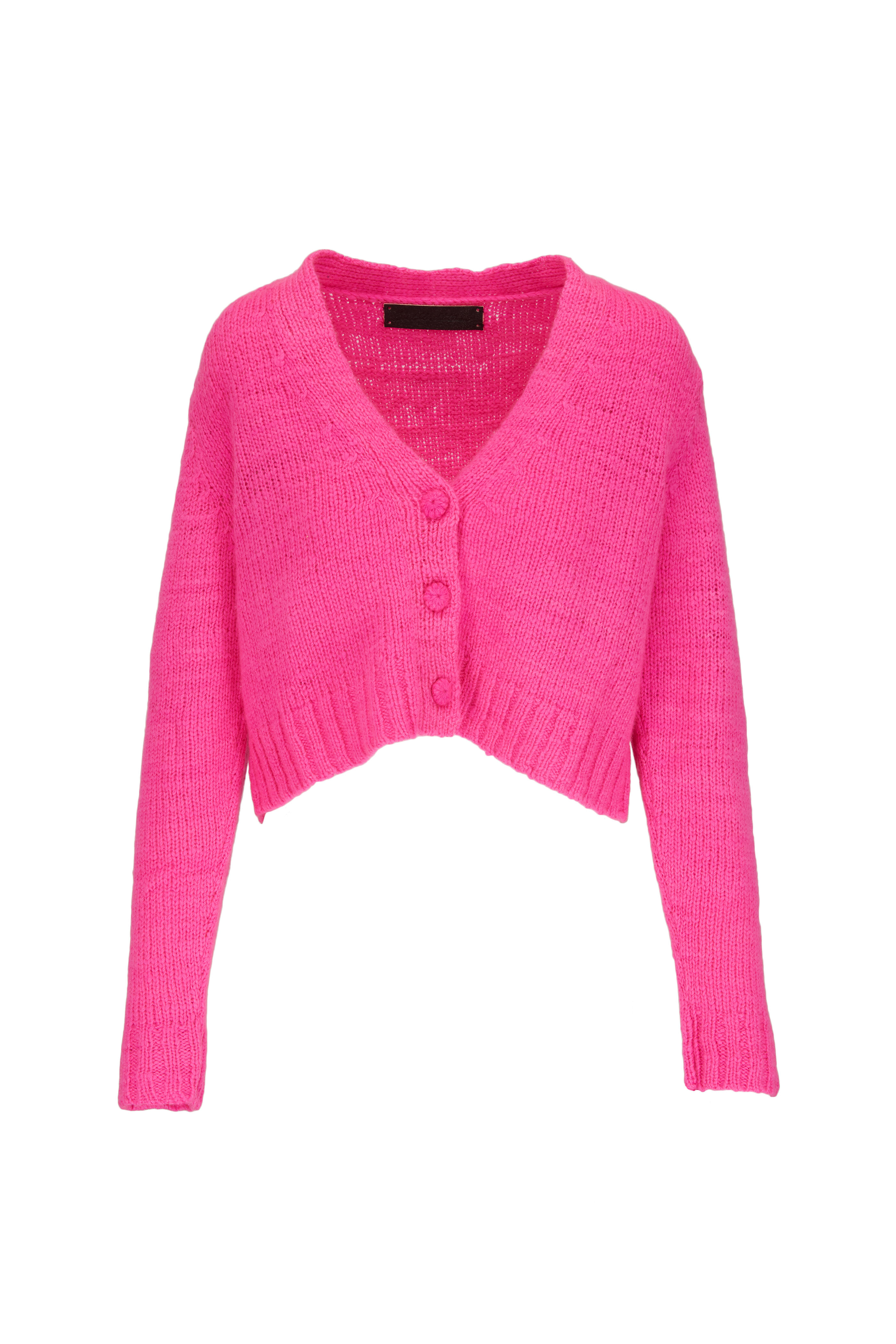 The Elder Statesman - Hot Pink Cashmere Knit Cropped Cardigan
