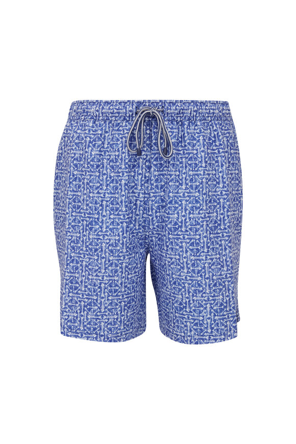 Peter Millar - Shark Bait Blue Fishbone Print Swim Trunks