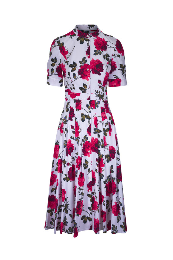Carolina Herrera White Multi Rose Print Midi Shirtdress
