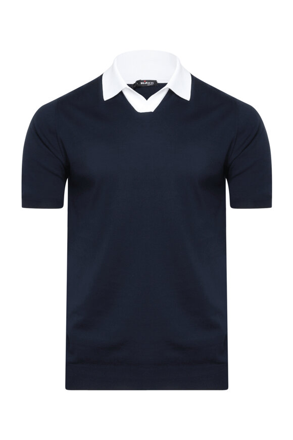 Kiton - Blue & Green Stripe Quarter Zip Polo | Mitchell Stores