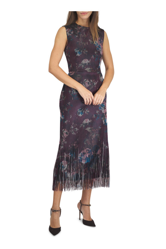 Erdem Burgundy Floral Print Fringe Jacquard Midi Dress - view 2