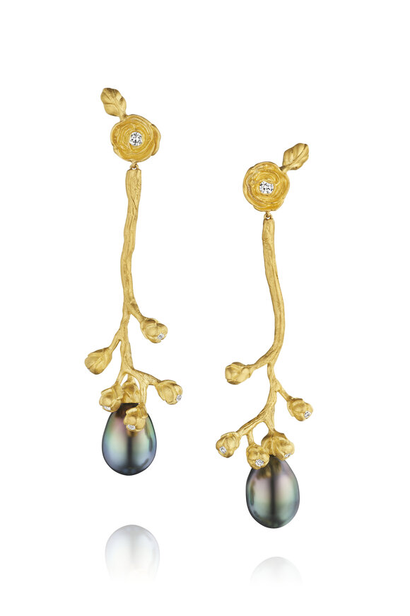 Susan Gordon Jewelry Tahitian Pearl & Ranunculus Bud Earrings
