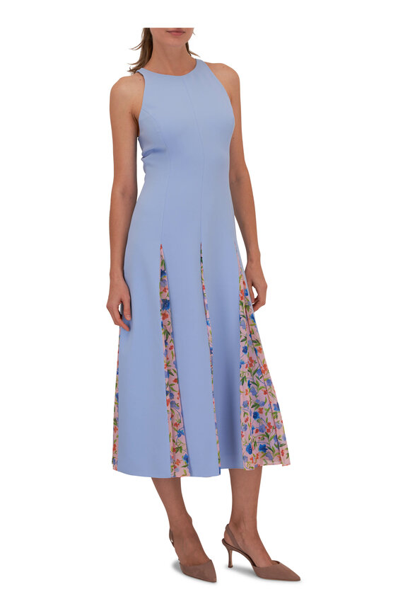 Carolina Herrera - Lake Blue Floral Chiffon Godet Halter Midi Dress 