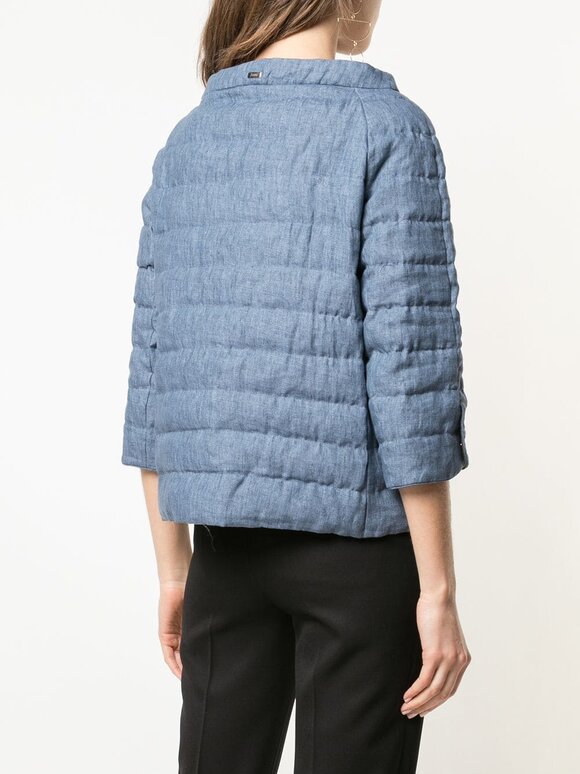 Herno - Blue Linen Three-Quarter Sleeve Puffer Jacket